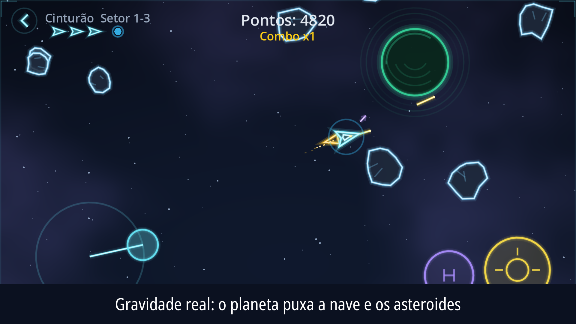 A nave num campo de asteroides, com o poço gravitacional de um planeta desenhado à direita