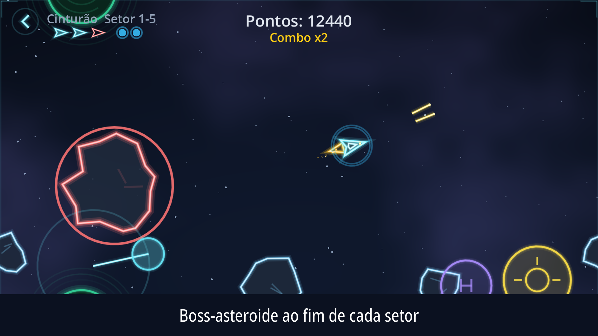 Boss-asteroide com barra de vida em arco, ao fim de um setor