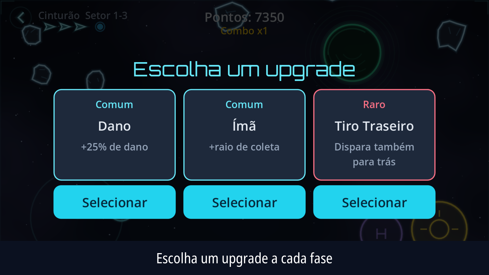 Escolha de upgrade entre três cartas, ao fim de uma fase