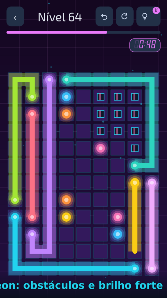 O jogo no tema Neon, com brilho forte no traço