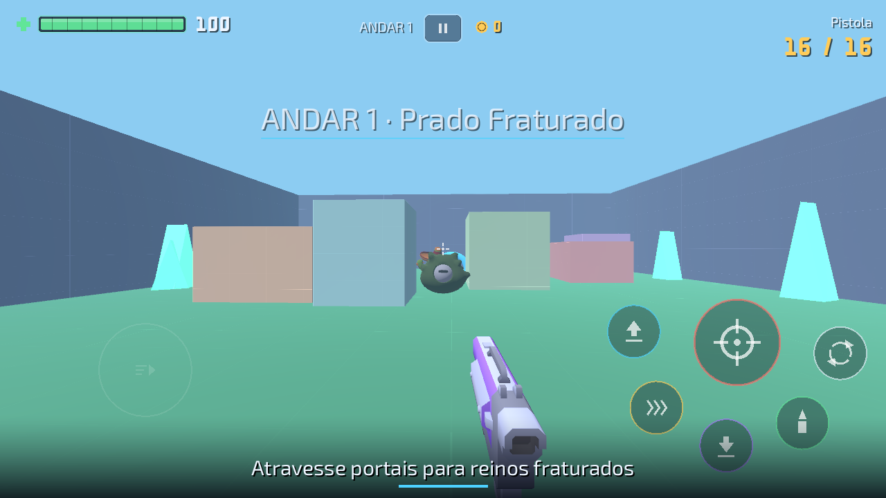 Combate no primeiro andar, com o HUD e os botões de ação