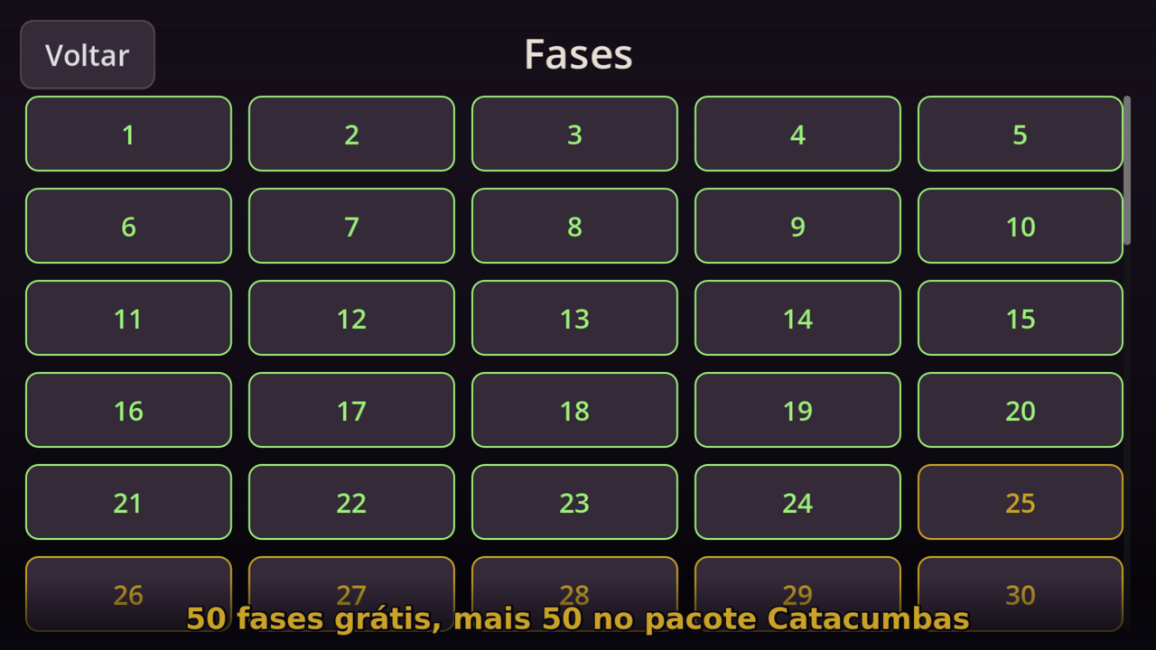Tela de seleção de fases, com a grade das 100 fases