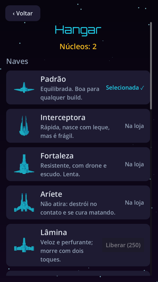 Hangar com as naves e a progressão permanente