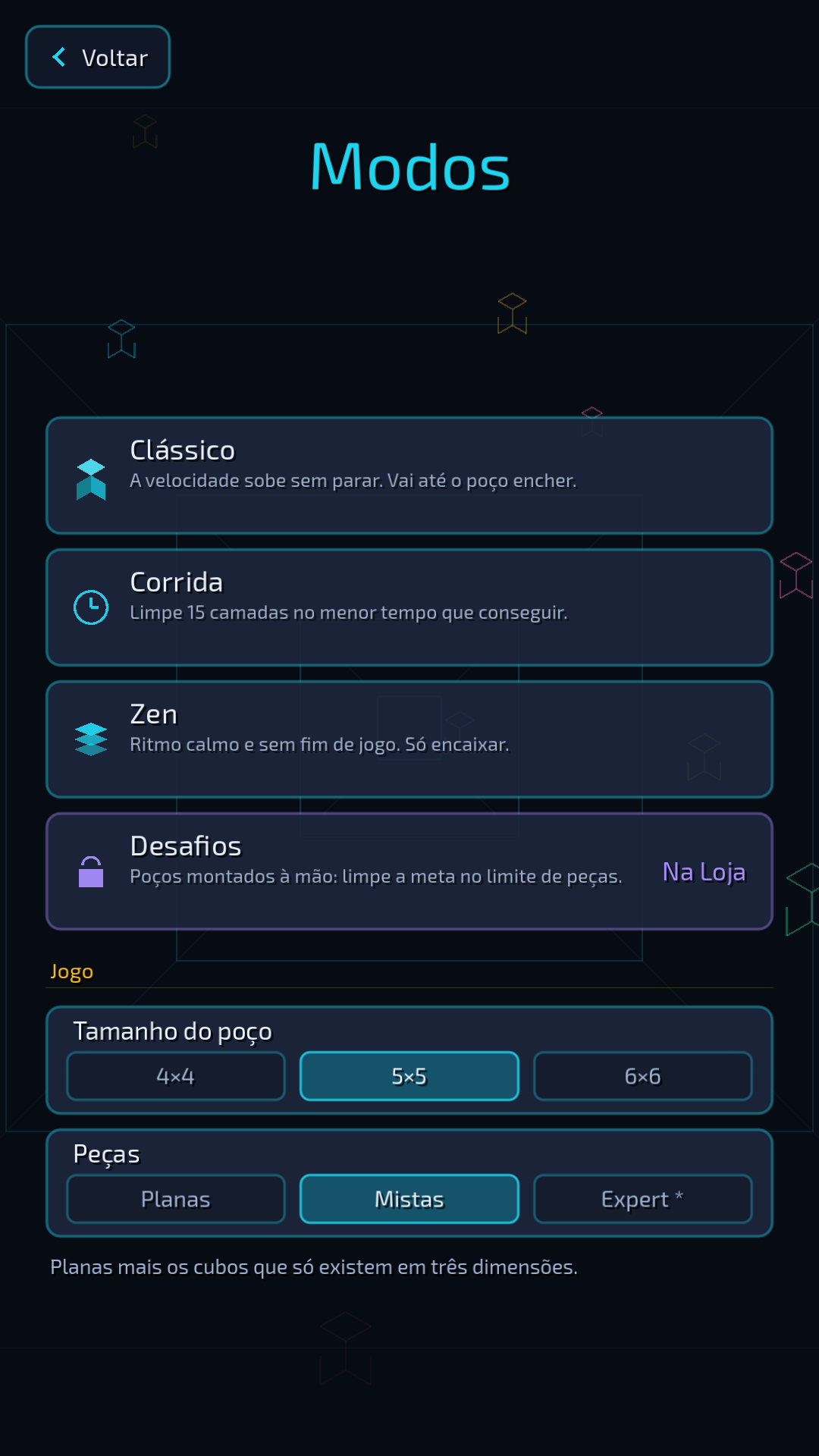 Tela de modos: Clássico, Corrida, Zen e Desafios, com o tamanho do poço e o conjunto de peças
